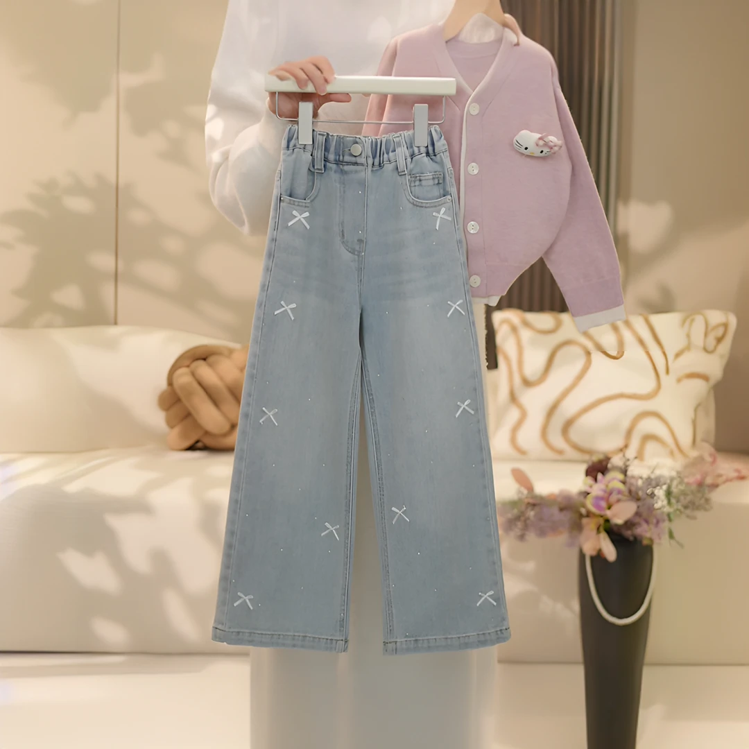 女童2025春季新款洋气重工蝴蝶结烫钻牛仔阔腿裤YY041
