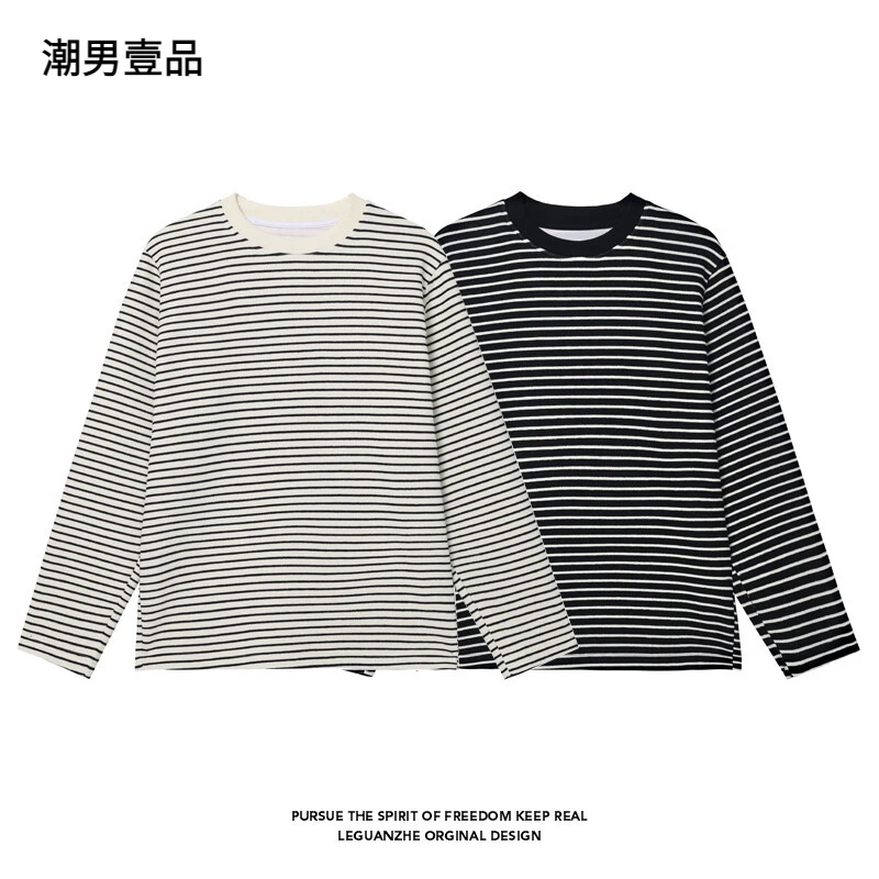 黑白条纹长袖t恤打底衫男款春秋宽松内搭青少年衣服潮牌潮流美式