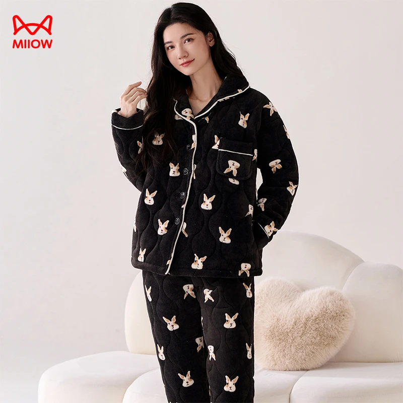 MiiOW/猫人黑色冬季保暖女士睡衣加厚牛奶绒夹棉大码可外穿家居服