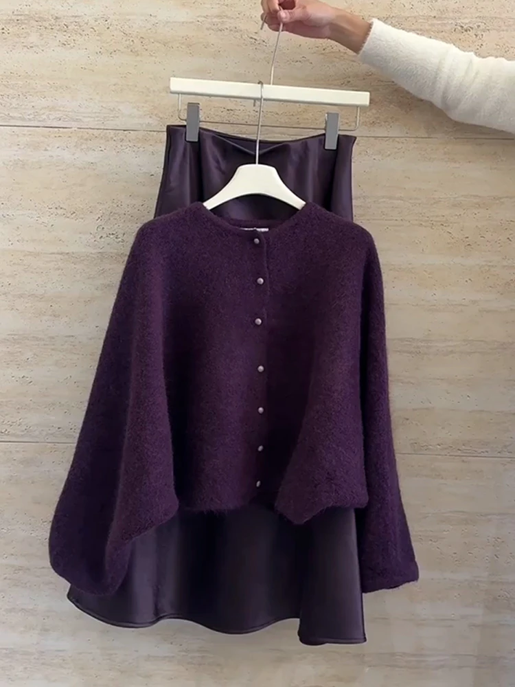 韩系慵懒风高级感套装女软糯复古紫色长袖针织毛衣显瘦半身裙春季