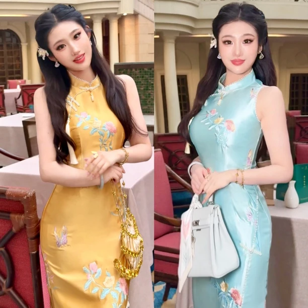 【媛珠 金玉良缘】重工醋酸刺绣国风无袖旗袍连衣裙修身显瘦优雅