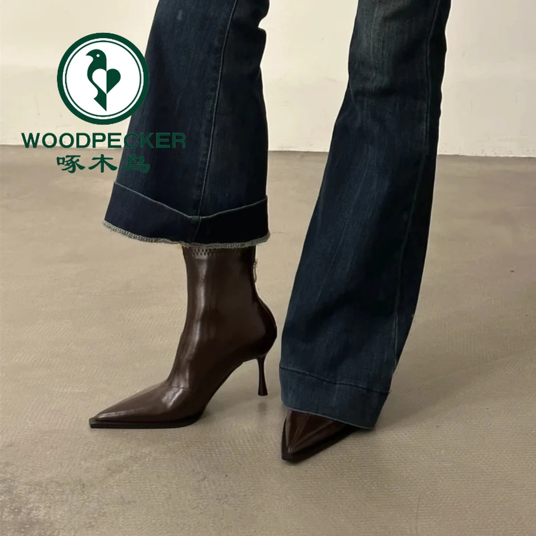 啄木鸟法式气质尖头细跟短靴女秋冬加绒高跟瘦瘦靴百搭高级感踝靴