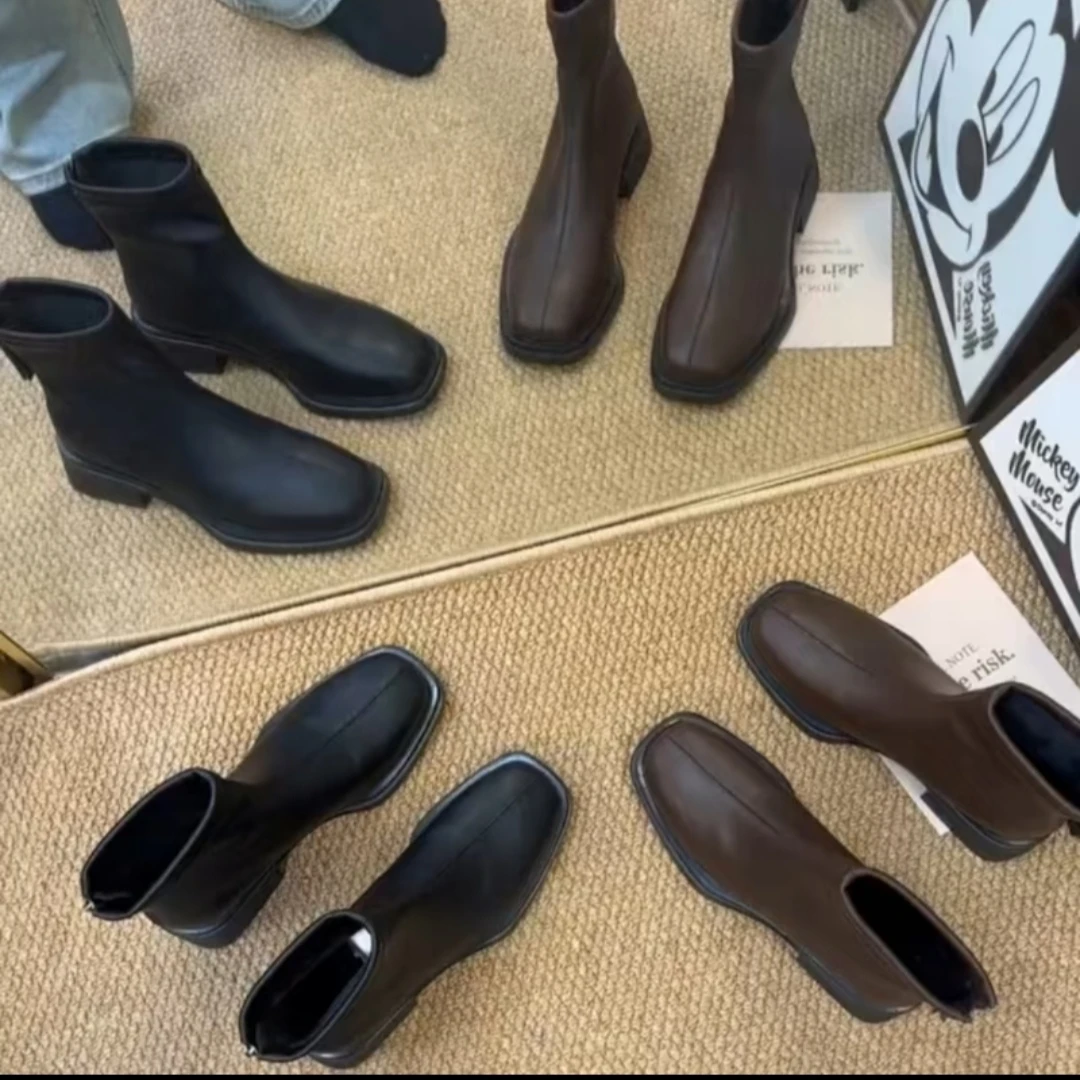 韩版气质方跟短靴2025秋冬新款方头女靴时装靴子瘦瘦靴弹力靴805