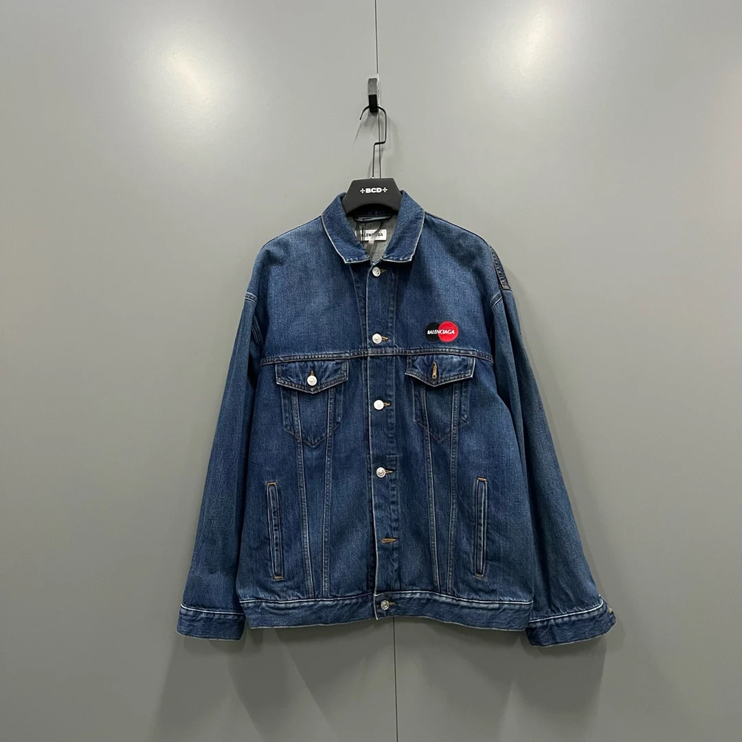 99新 Balenciaga/巴黎世家 深蓝色个性印花logo牛仔外套 34码/全