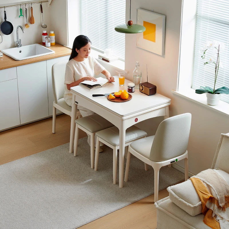 折叠餐桌小户型奶油风可伸缩不占空间的实木多功能家用岩板饭桌子