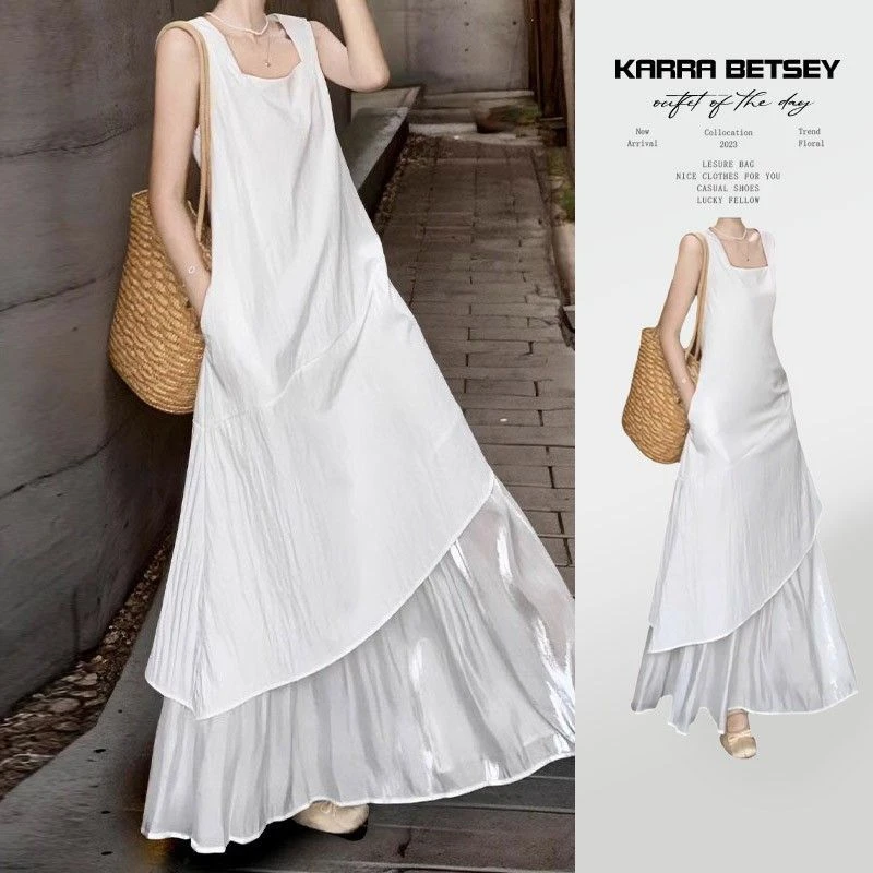 白色裙女夏季2025新款法式宽松设计感中长款纯欲慵懒风女装连衣裙