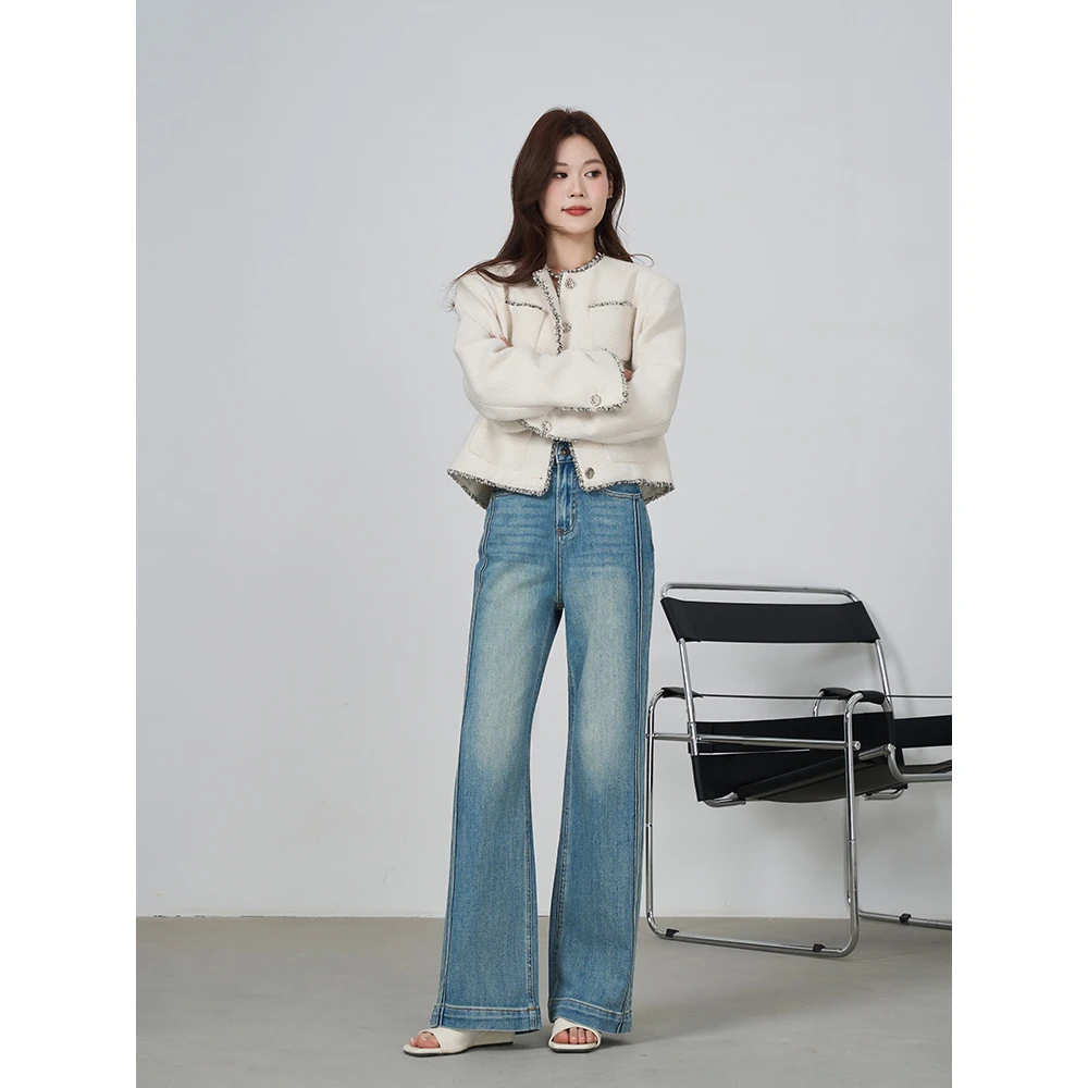 missrococo/洛可可小姐2025春季新款蓝色百搭中高腰阔腿牛仔裤女