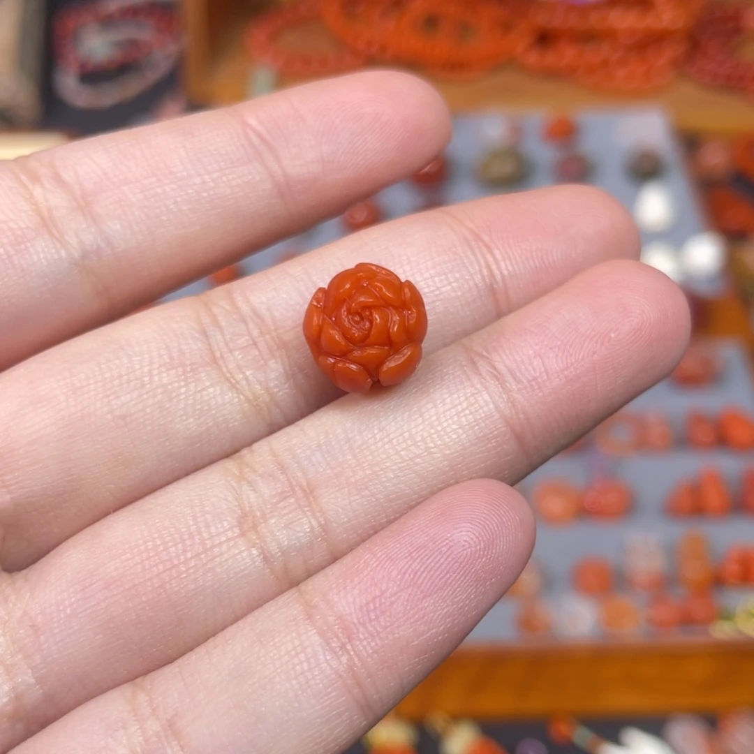南红玛瑙未镶嵌牡丹花卡11满肉柿子红