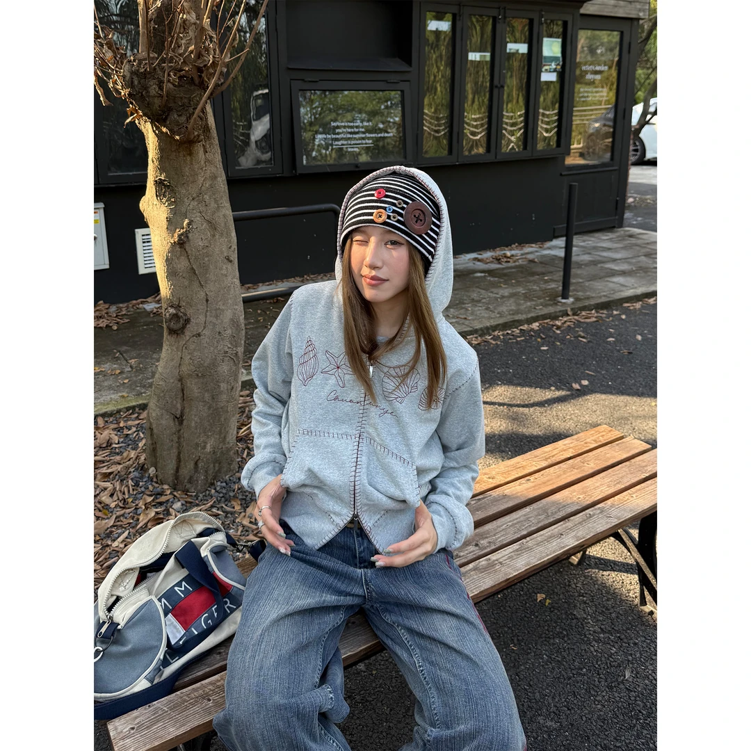 川川也家重工缝线正肩连帽刺绣卫衣短款微宽松外套双头拉链上衣