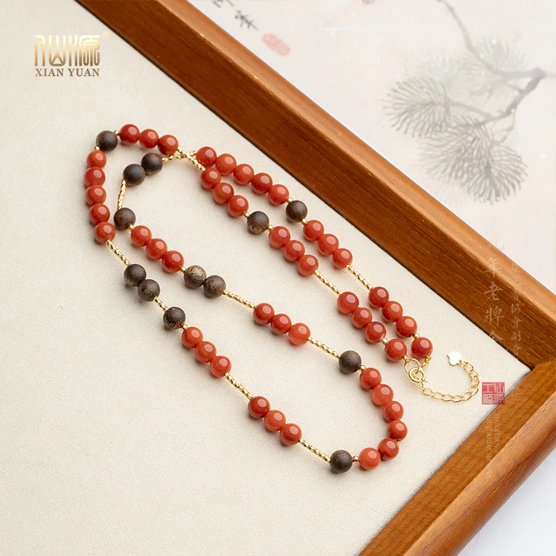 莺歌绿棋楠沉香6mm瓦西南红925银锁骨链延长链扣头国风珠宝文玩