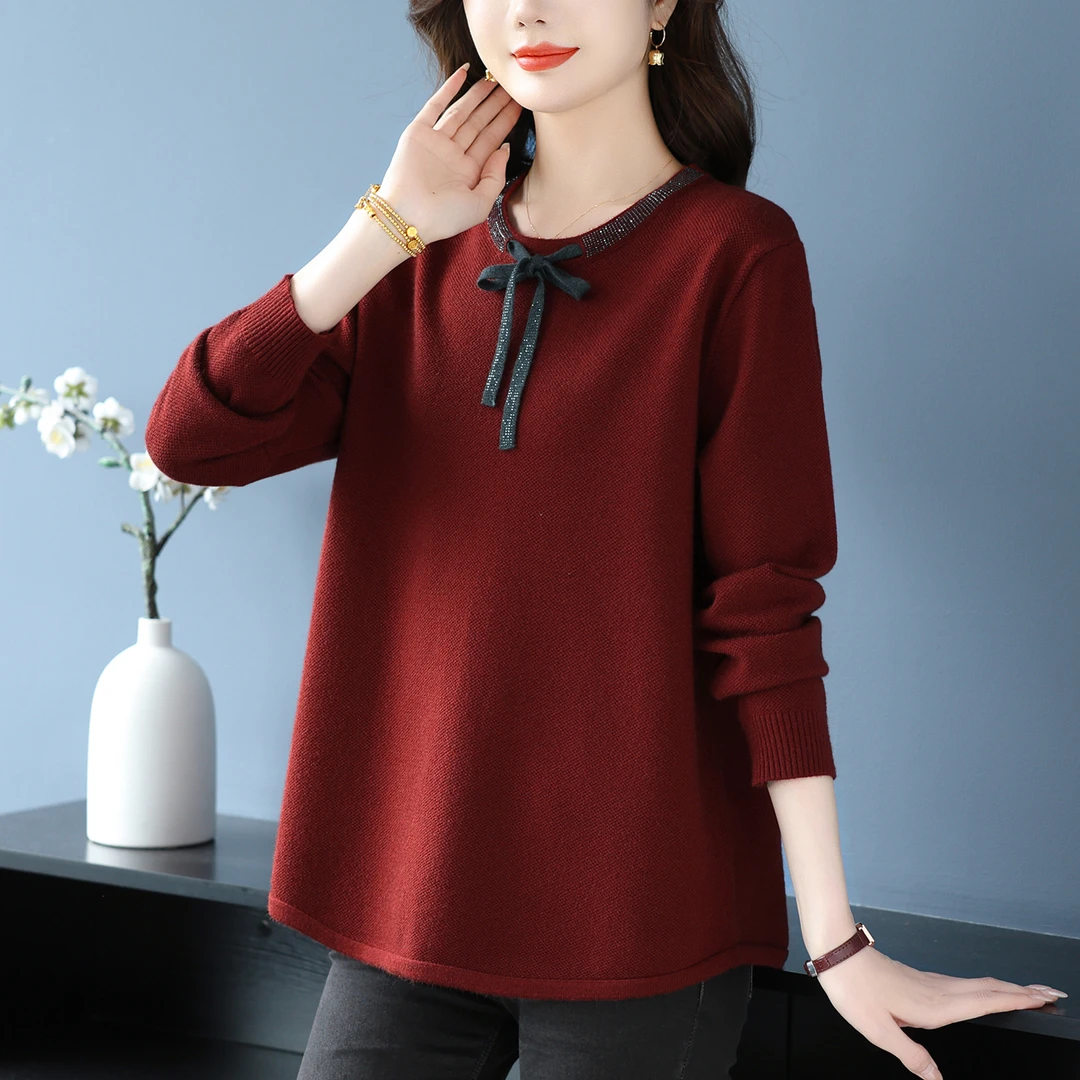 蝴蝶结上衣女秋冬内搭漂亮减龄毛衣2025新款中年妈妈打底衫遮肚子