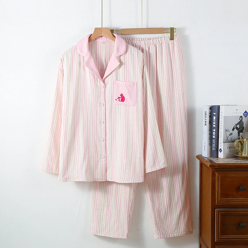 A146 粉小猫 刺绣纯棉三层纱布睡衣女春秋冬季条纹长袖家居服套