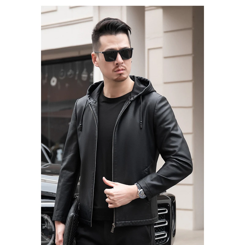 海宁修身型秋季标准连帽春季拉链皮衣潮流加绒商务中长款