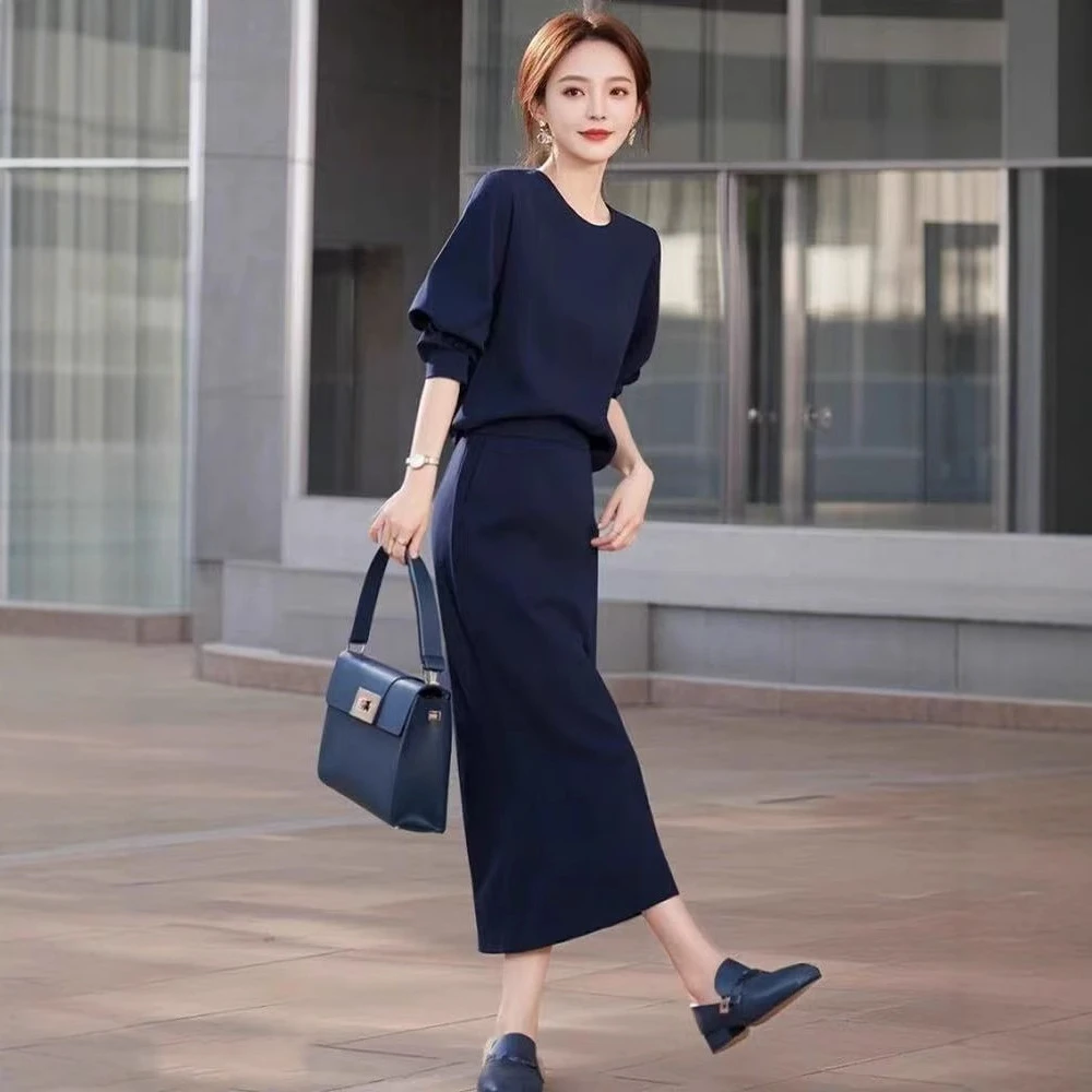 春装搭配一整套洋气炸街两件套高级感气质女神范高端蓝色套装女