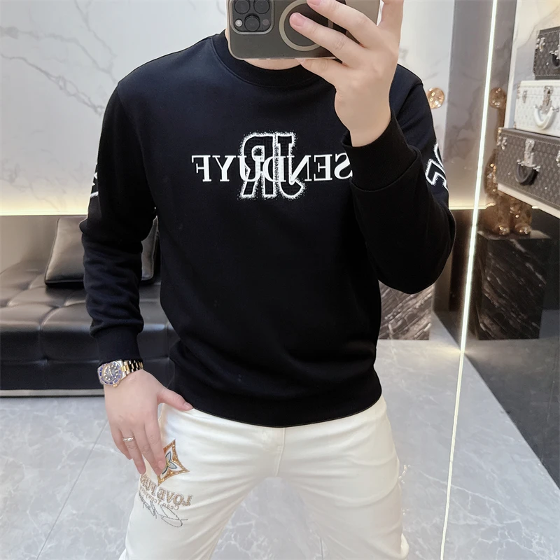 欧货轻奢高品质秋冬长袖卫衣印花男士加绒加厚圆领休闲打底66697