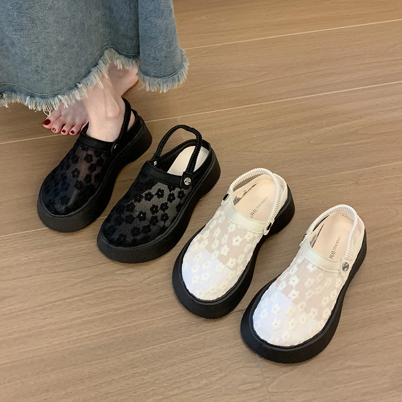 增高透气网纱两穿半拖鞋女夏季厚底小个子休闲镂空包头凉鞋14-10