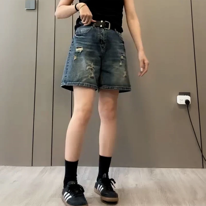 大码高腰蓝色中裤直筒牛仔短裤女夏季胖mm梨型身材宽松显瘦五分裤