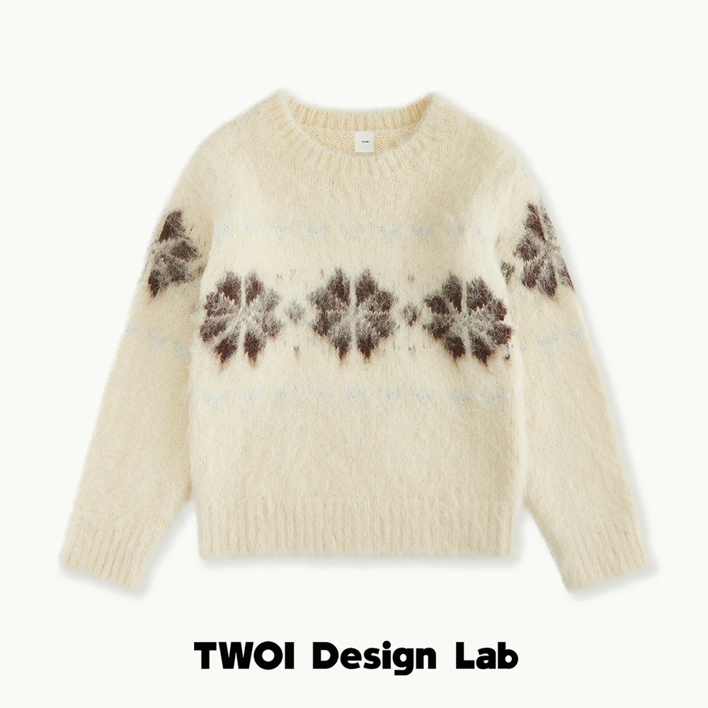 TWOI HIGHHIGH "费尔岛系列" 「奶油雪花羊驼毛圆领雪花毛衣」
