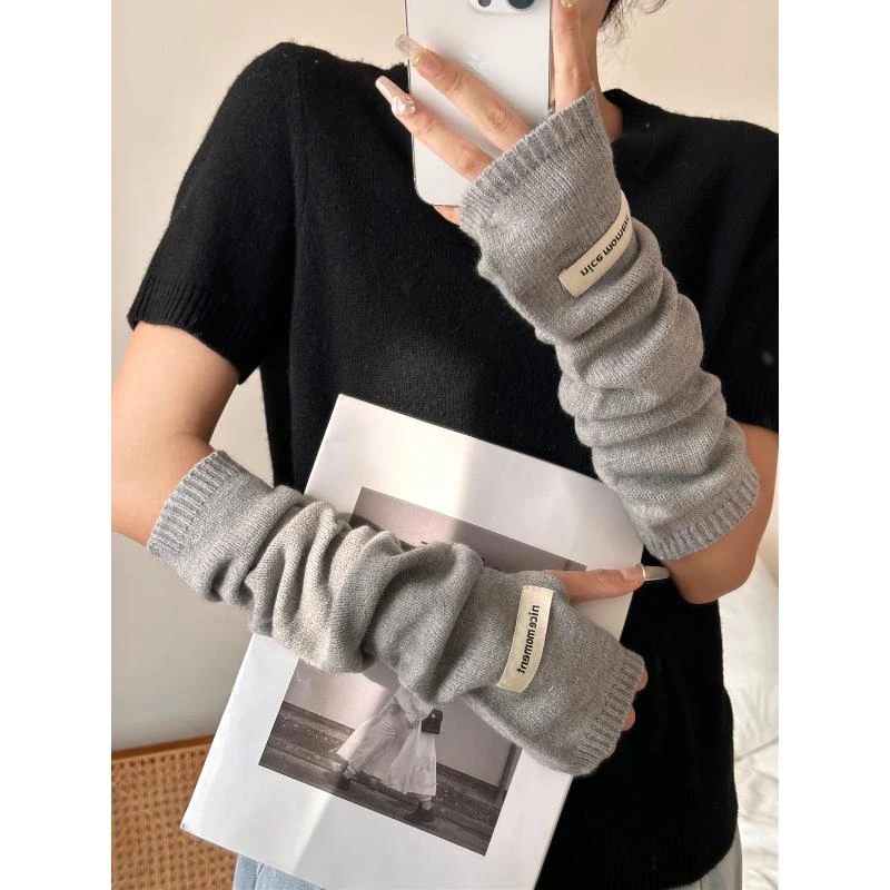 加长款半指针织手套女秋冬季可爱露指写字毛线保暖袖套护臂学生