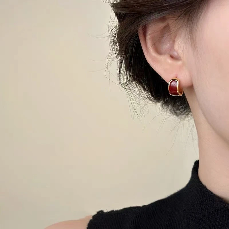 铜合金耳饰 新款轻奢安可拉红色耳扣高级百搭时尚气质耳环小众
