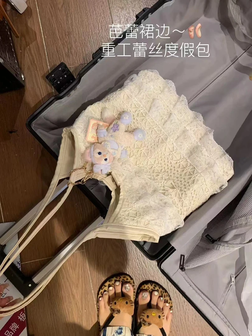 韩系小众简约蕾丝温柔风单肩包2025春季新款百搭高颜值通勤托特包