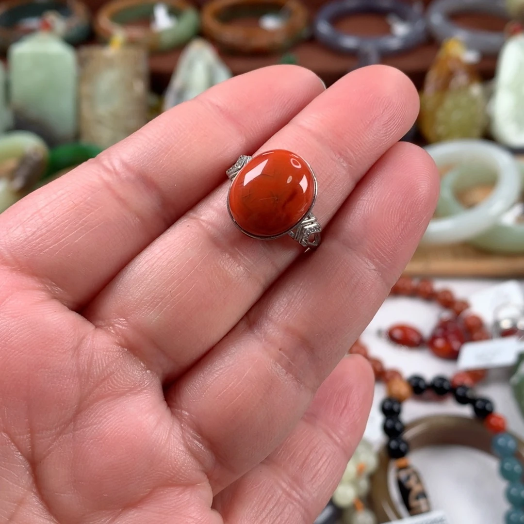 南红玛瑙戒指银S925镶嵌
