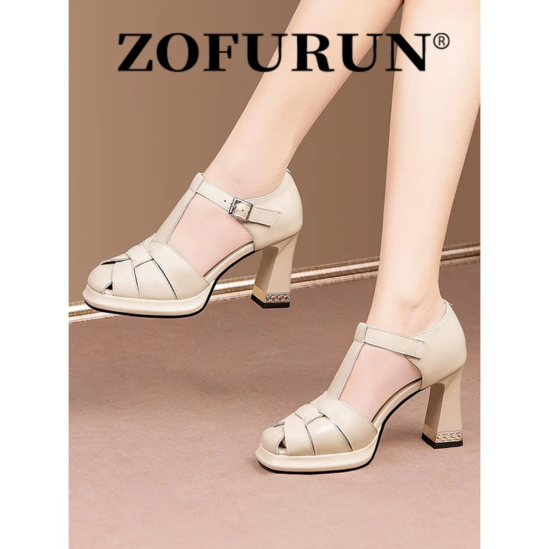 ZOFURUN 粗跟凉鞋女夏真皮时尚新款T字带方头防水台高跟罗马鞋