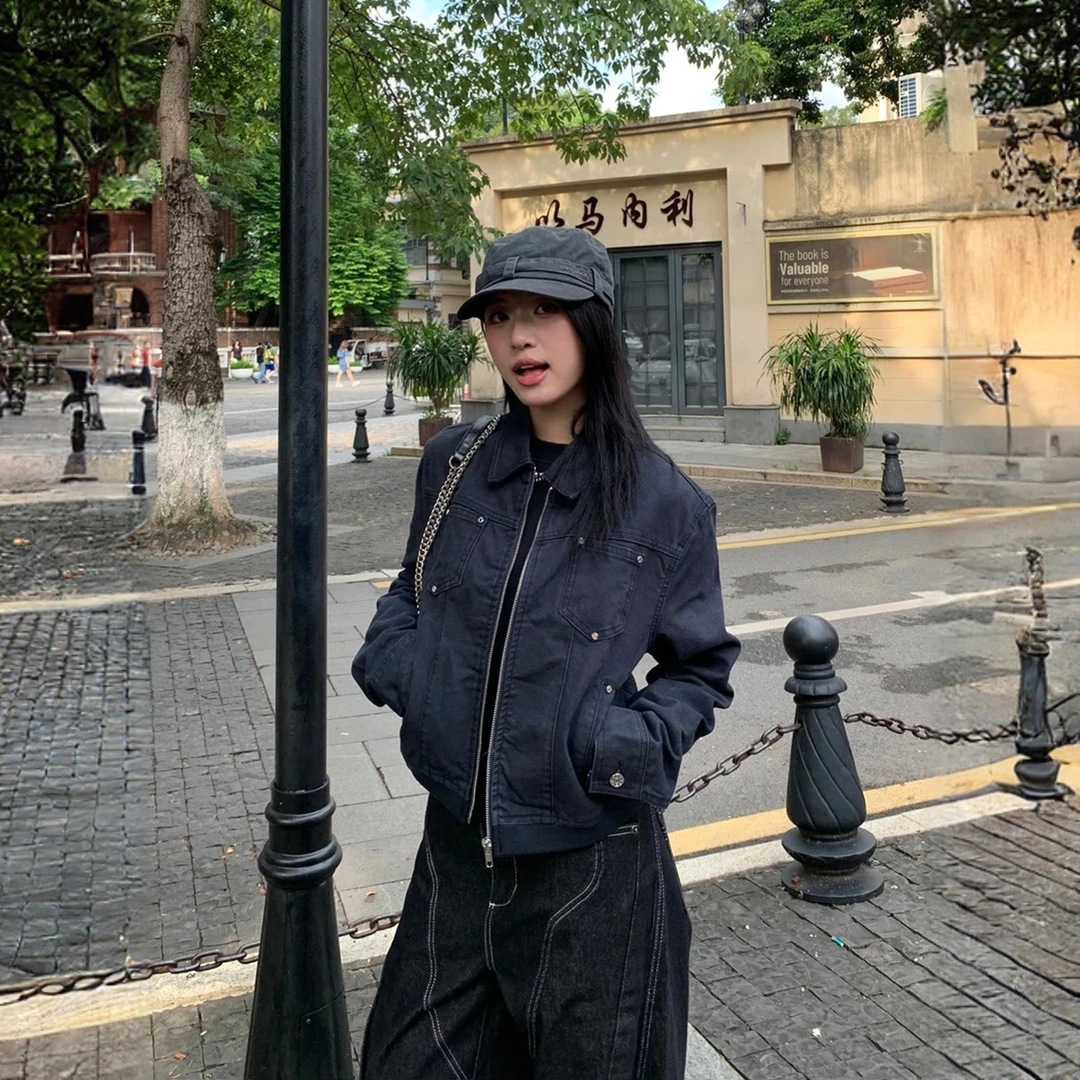 美式复古铆钉短款夹克外套女秋季高级质感翻领辣妹休闲百搭上衣