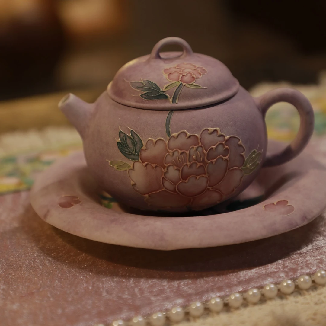新中式手绘紫烟牡丹茶壶（165ml）