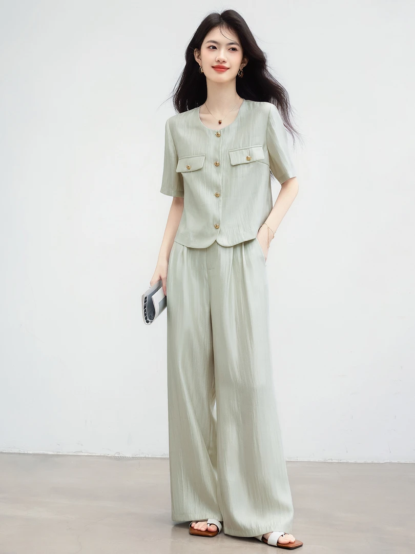 小香风时尚套装女夏季2025新款短袖开衫搭休闲阔腿裤两件套