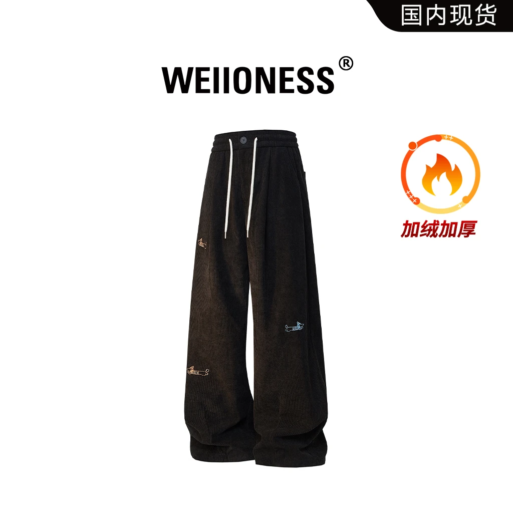 WEIIONESS潮流男装时尚休闲裤冬季加绒加厚腊肠狗图案男生阔腿裤