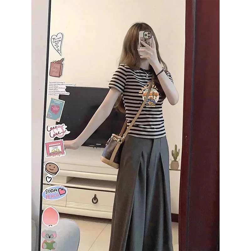 小众设计感2025夏季新款正肩短袖t恤女条纹拼色时尚休闲百搭上衣