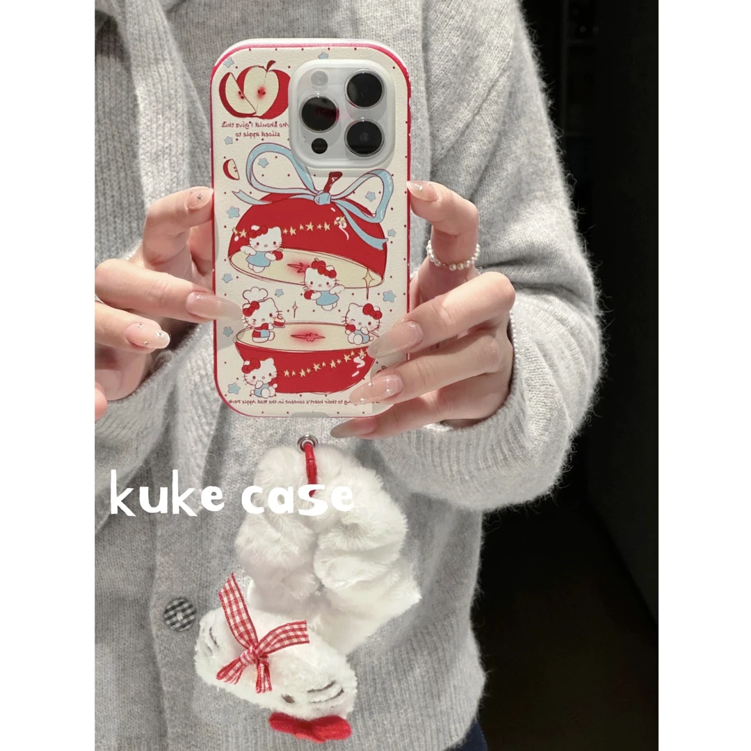 【适用苹果】ins可爱少女红苹果Kitty皮纹手机壳iPhone16软壳
