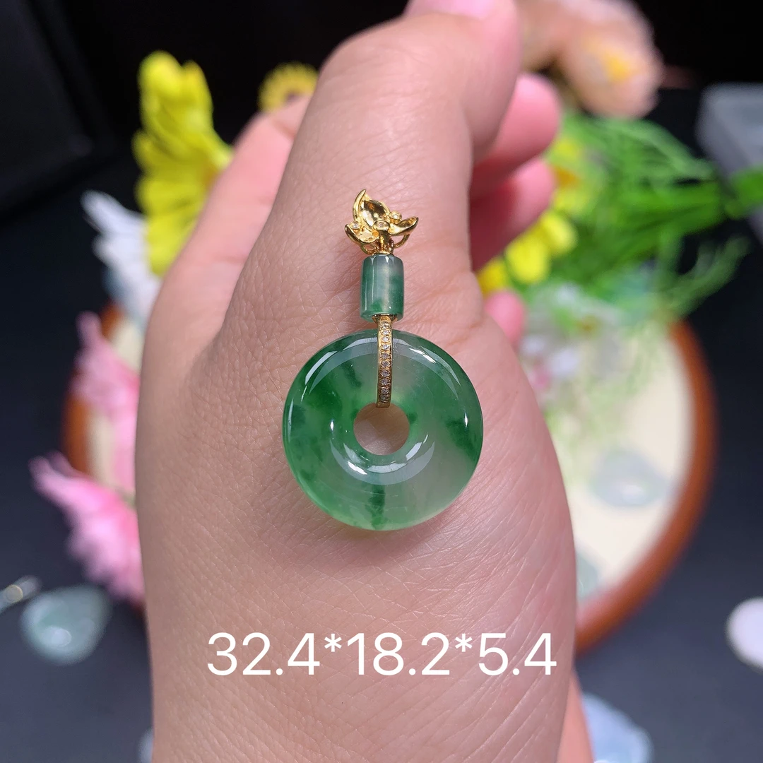 缅甸翡翠A货冰种飘绿甜甜圈满挂件水润精致精冰妈妈高冰玉石百搭