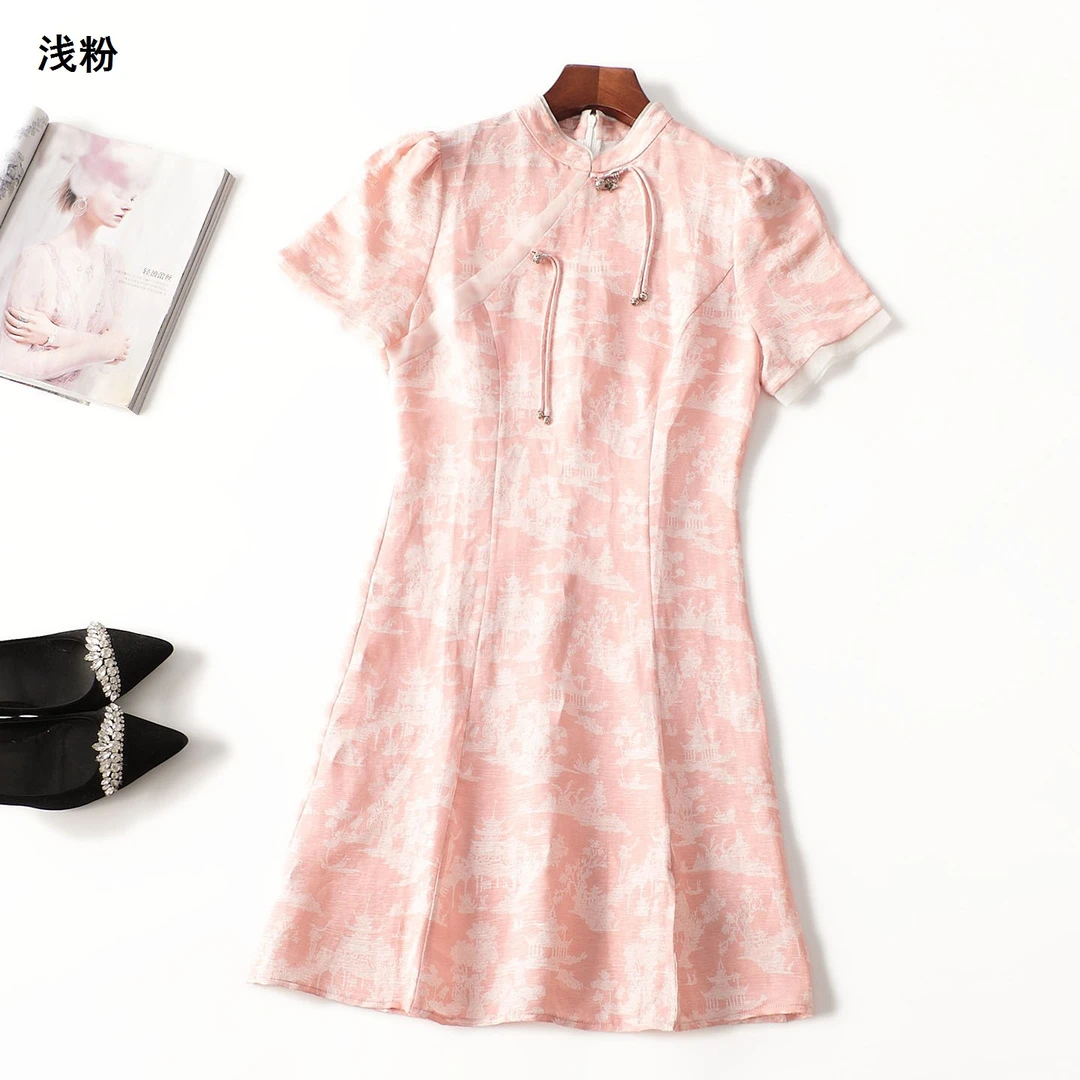 优雅夏长款短袖立领复古中国风中式连衣裙时尚显瘦修身气质夏季
