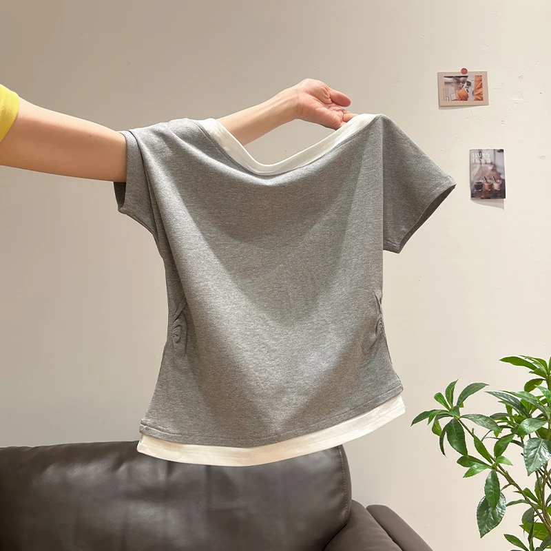 美式复古拼接假两件斜肩短袖T恤女夏季修身显瘦短款露肩上衣