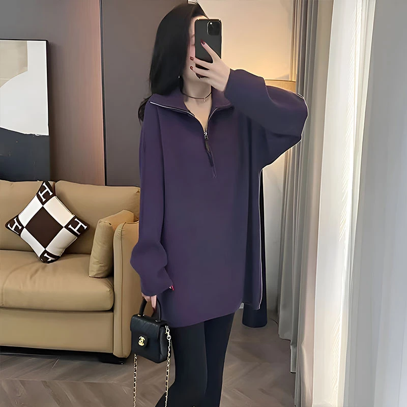 韩系洋气半拉链宽松中长款毛衣女2025新款秋冬长袖设计感打底上衣