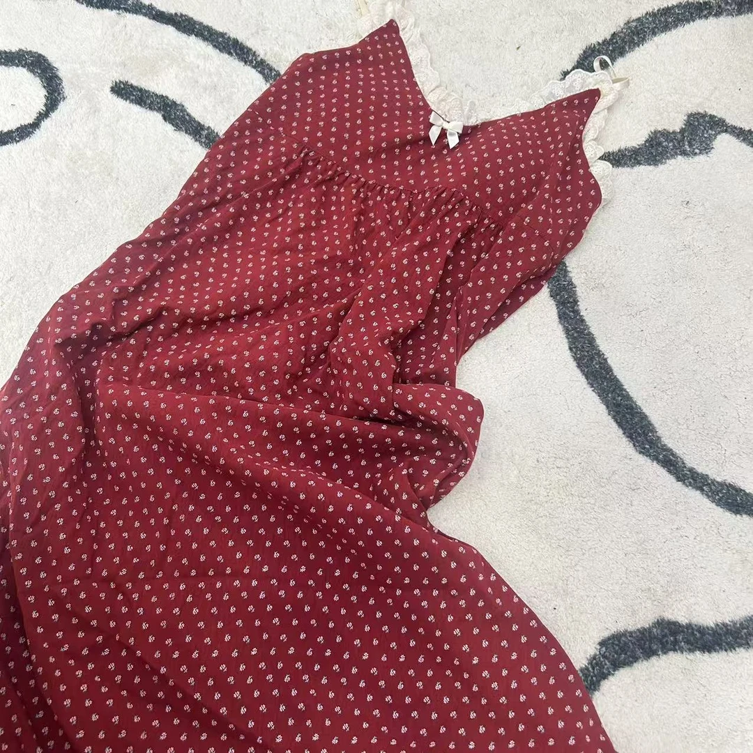 带胸垫吊带睡裙女款夏季红色碎花2025年性感睡衣可爱家居服可外穿