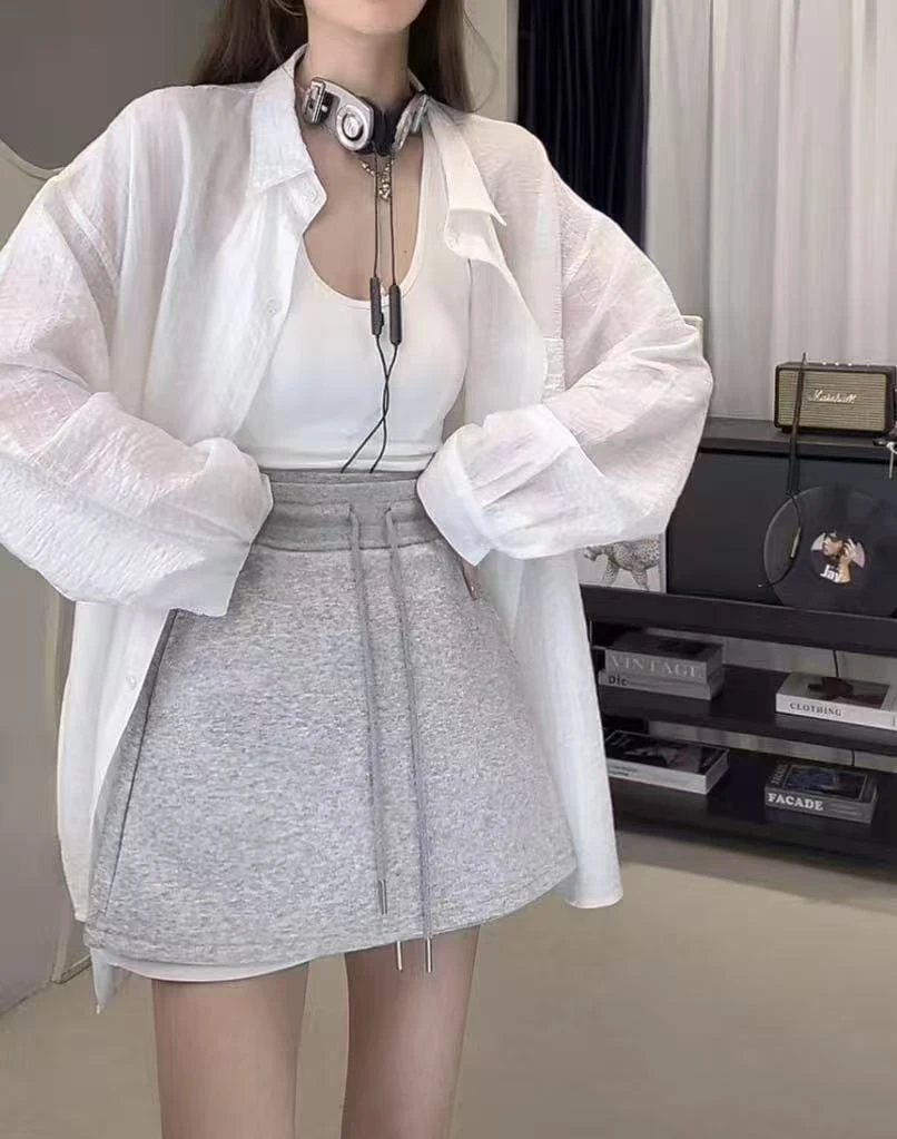 宽松防晒衬衫上衣春夏新款高级感长袖薄款小衫白色衬衣套装3166