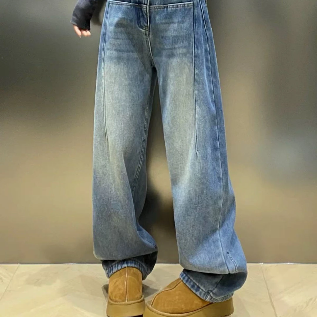 高腰常规长裤复古宽松拖地牛仔裤设计感复古做旧渐变阔腿裤