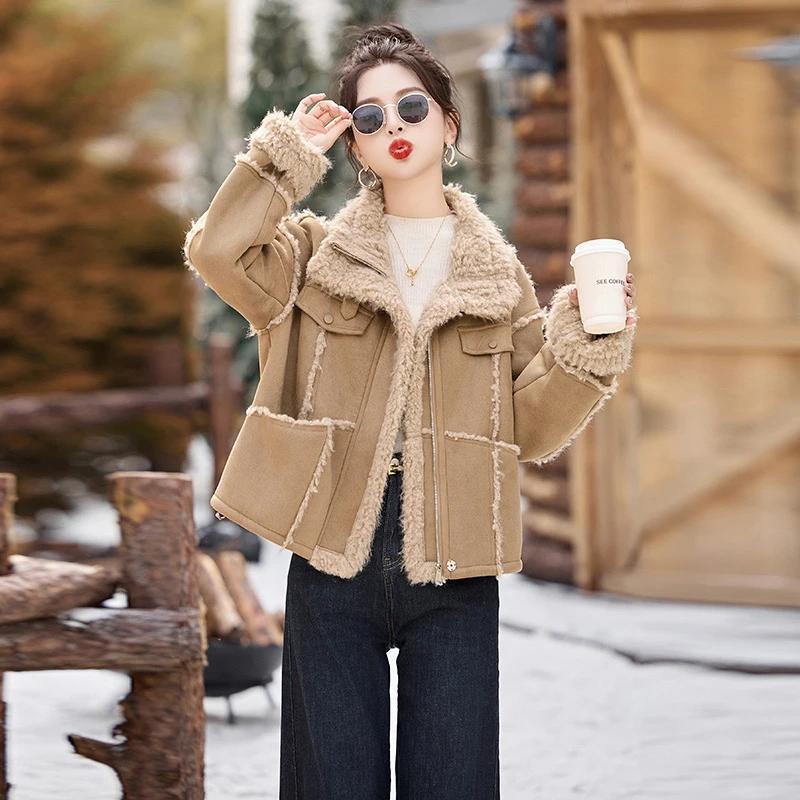女式毛呢外套冬季新款皮毛一体撞色加厚加绒时尚百搭保暖外套 YE6