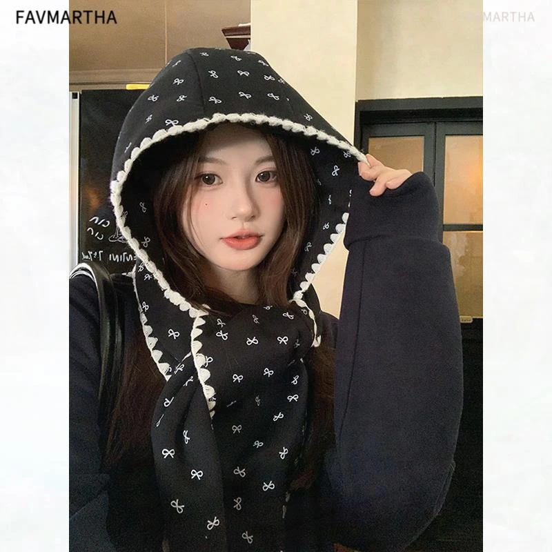韩系印花蝴蝶结帽子围巾一体女2025新款冬季可爱加绒保暖棉帽围脖