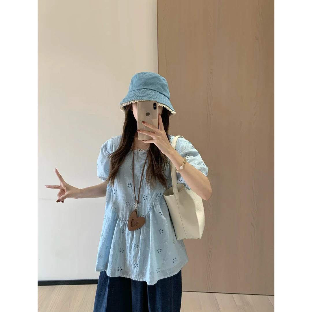 【48小时】法式镂空两层不透绣花短款娃娃衫夏季休闲女装衬衫87525