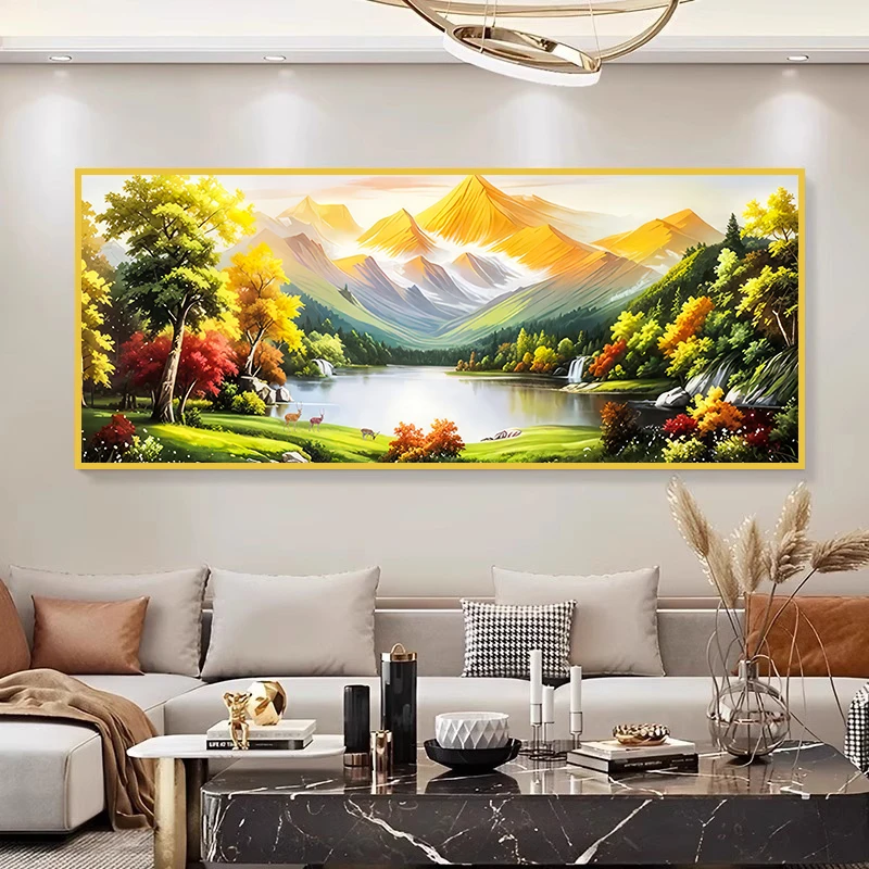 聚宝盆油画自粘山水画3d客厅装饰画沙发背景墙贴纸办公室风景壁画