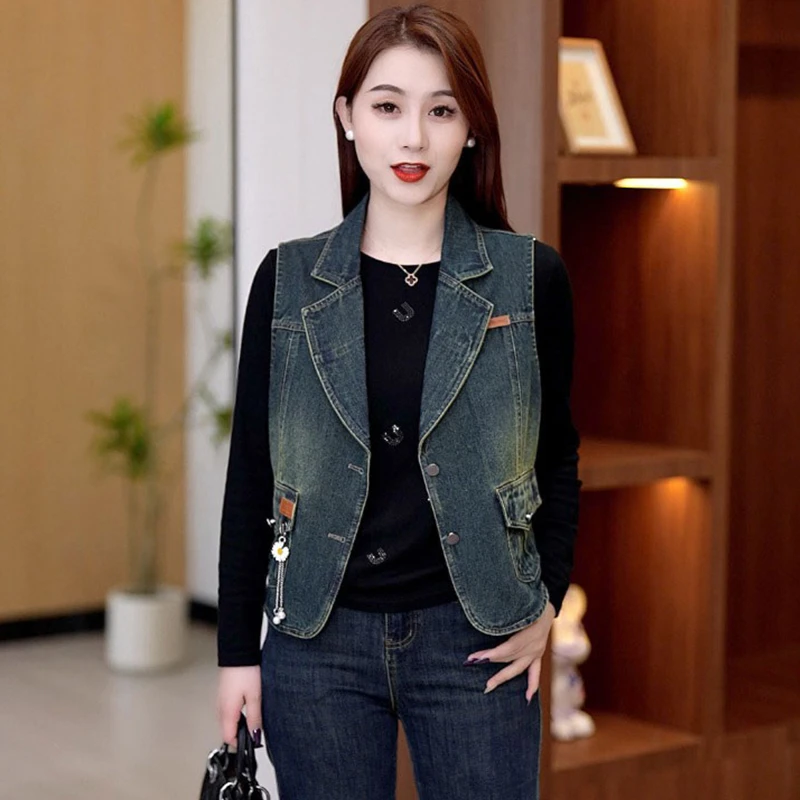 高含棉小众设计感简约坎肩西装领牛仔马甲2025年春季新款百搭上衣