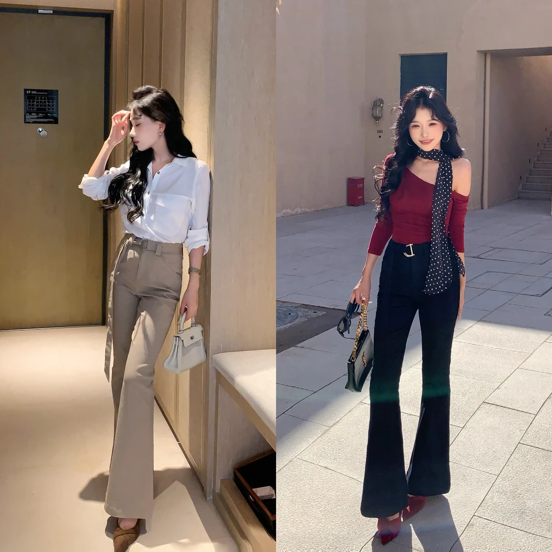 陈六六CHENLIULIU【塑造腿精】气质优雅环腰带显瘦微喇裤