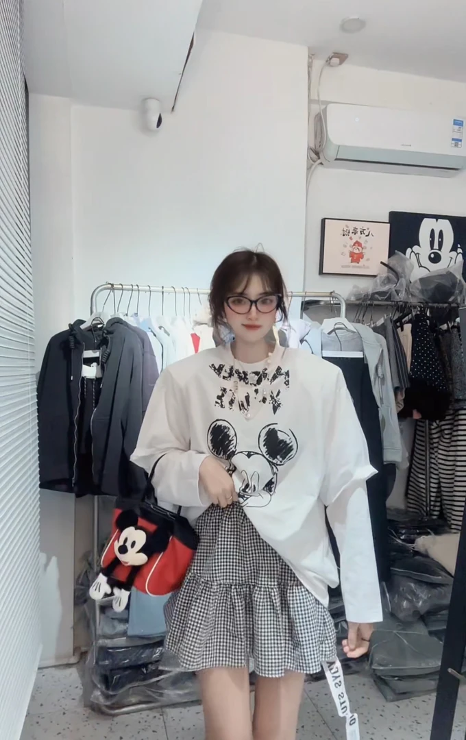 東R正版假两件长袖印花t恤女款宽松休闲百搭上衣女潮