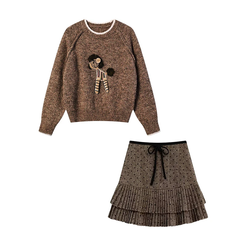 秋冬穿搭一整套女新款休闲设计感针织衫波点百褶半身裙两件套3110