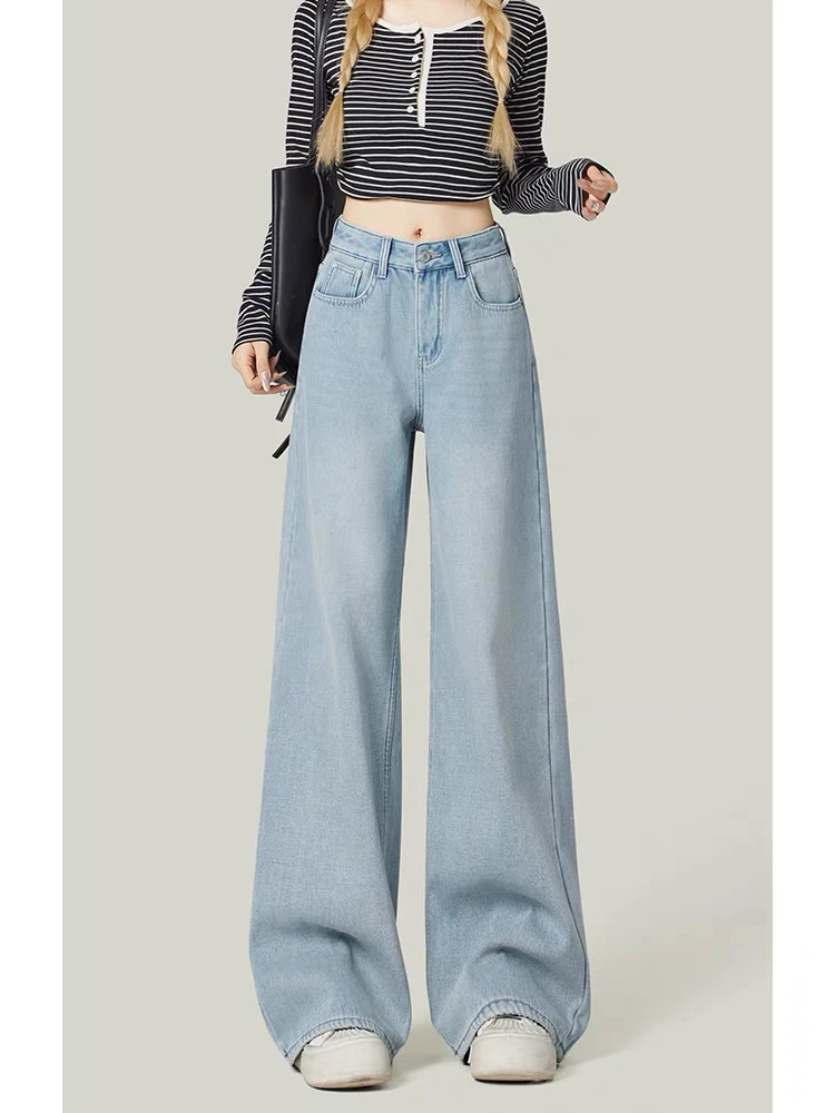浅蓝色加绒阔腿牛仔裤女2024年新款秋冬款加厚宽松复古窄版直筒裤