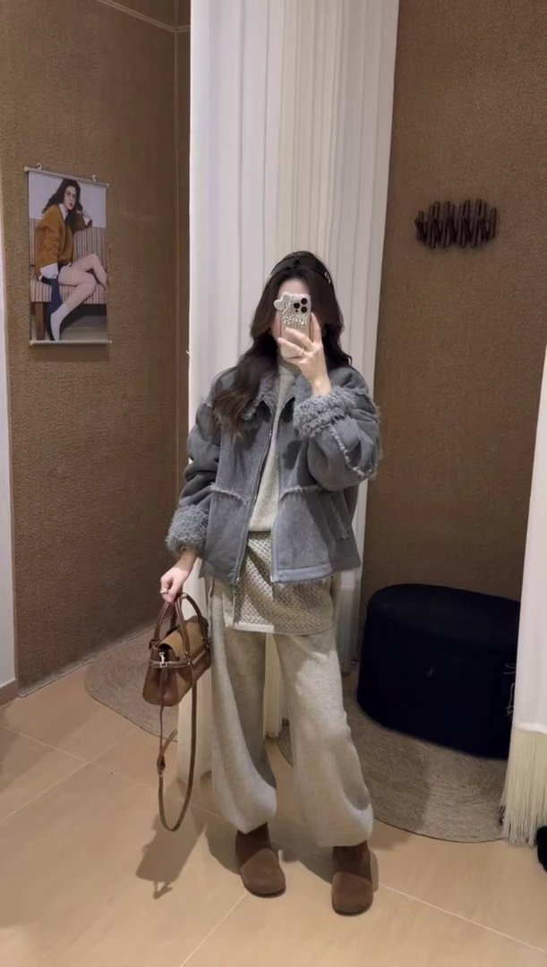 2025秋冬新款复古立领拼接防鹿皮绒夹克外套气质针织衫屁帘裤子